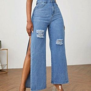 Ripped denim split thigh wide leg pants